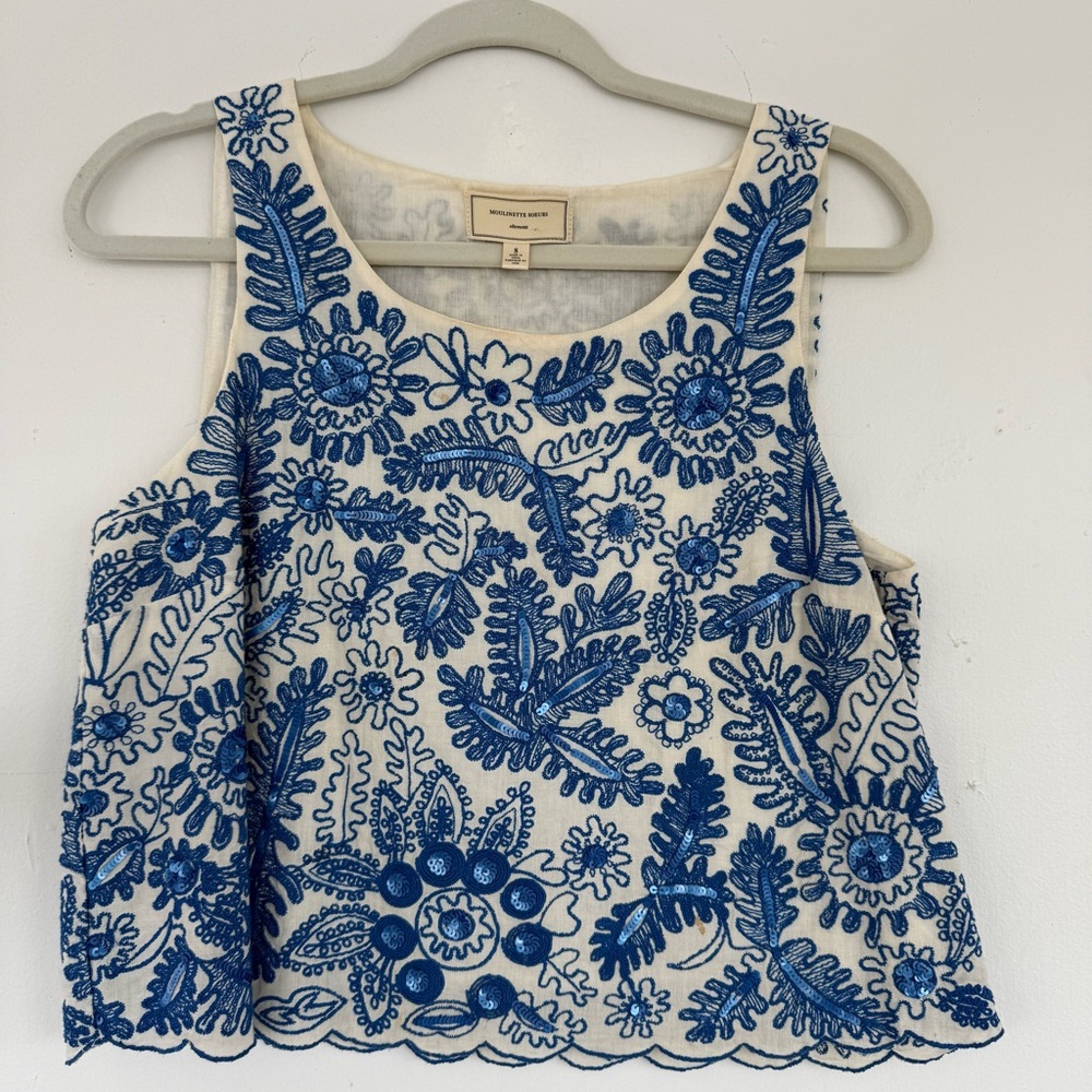 Vintage Anthropologie Embroidered and Sequin Blue and White Women's Top